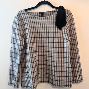 Talbots Grey Check Knit Long Sleeve Shirt Bow Accent
